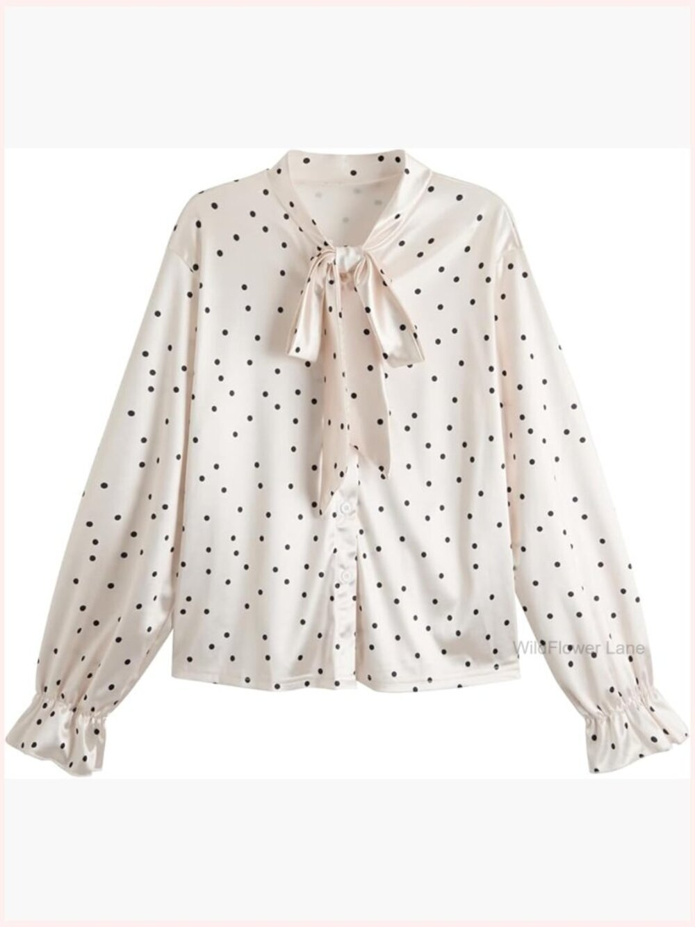 Polka Dot Tie Neck Blouse Long Sleeve Button Down Satin Top Work